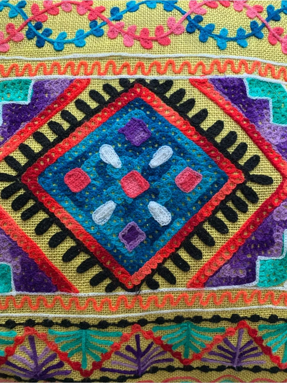 NEW Vibrant Embroidered Yellow Boho Throw Pillow with Geometric Motif